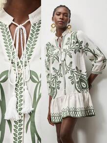 Lumivelle 女士度假风海滩印花宽松连衣裙 - 杏色 - 查看 6