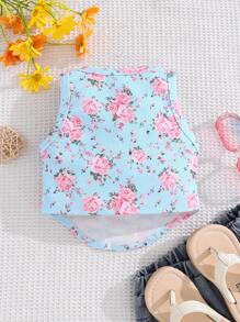 SHEIN Young Girl Ditsy Ditsy Floral V-Neck Fitted Casual Top - Blue - View 2