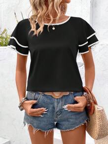 EMERY ROSE Women Casual Round Neck Contrast Trim Short Sleeve Shirt, Summer - Multicolor - View 5
