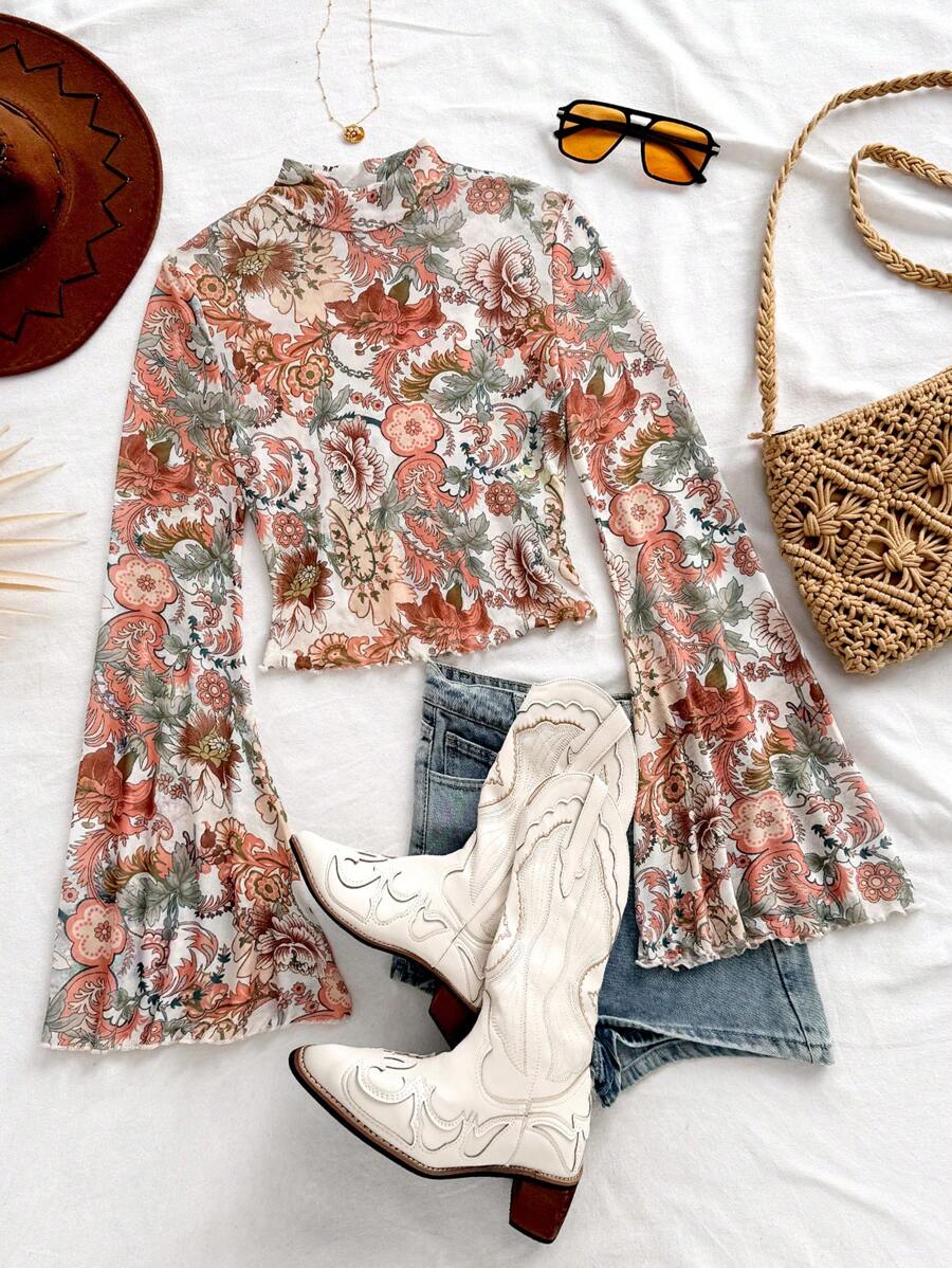 Soleia 花卉印花高領喇叭袖透視網格短襯衫女裝 - 白色 - 查看 1