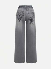 ROMWE Grunge Punk Große Größen Locker Sitzende Freundjeans mit Spinnen-Muster in Dunkelton