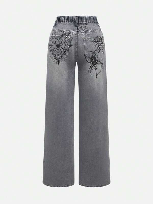 ROMWE Grunge Punk Große Größen Locker Sitzende Freundjeans mit Spinnen-Muster in Dunkelton