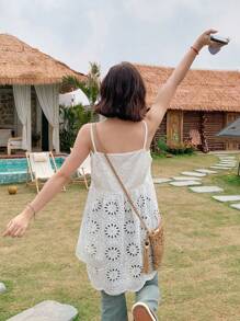 FRIFUL 女式白色 A 字镂空无袖吊带背心，波西米亚乡村风格，夏季娃娃装上衣
