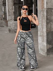 SHEIN Teen Girls' Twig Pattern Wide Leg Loose Casual Versatile Jeans - Multicolor - View 4