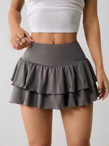 SHEIN PETITE Women's Casual Grey Mini Skirt With Layered Ruffle Detail And Zipper Closure - Grey - View 6