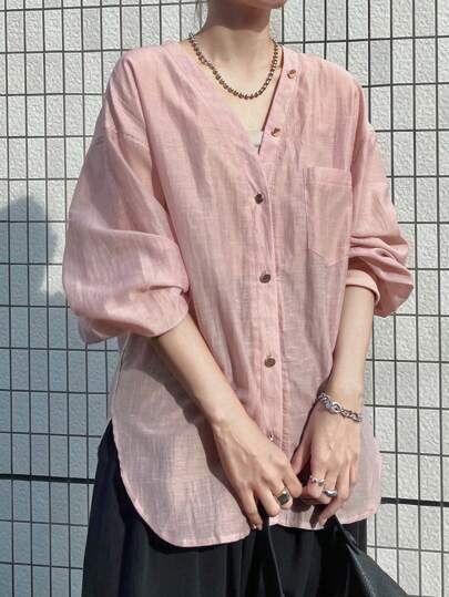 FRIFUL Women's Pink Loose V-Neck Long Sleeve Sheer Blouse