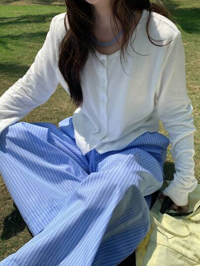 DAZY 女士圆领休闲宽松纯色开襟 T 恤，秋季服装学院风上衣长袖女式上衣