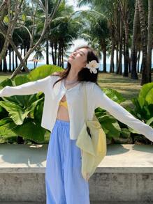 DAZY Women Round Neck Casual Loose Solid Color Open Front T-Shirt,Fall Clothes Preppy Tops Long Sleeve Women Tops - White - View 7