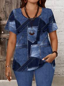 EMERY ROSE 2 pezzi Set da donna taglie forti di maglietta estiva casual con stampa effetto jeans patchwork e leggings 7/10 lunghezza