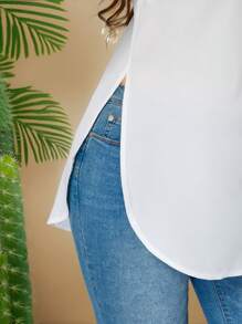 Calvaya 大码女式纯色无袖开衩下摆休闲衬衫 - 白色 - 查看 4