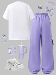 Teen Girls Casual Graphic Print T-Shirt & Cargo Pants 2 Pieces Set Summer Holiday - Purple - View 3