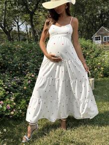 SHEIN Cute & Elegant Maternity Dress With Heart Lacing Backless Straps - Red and White - View 7