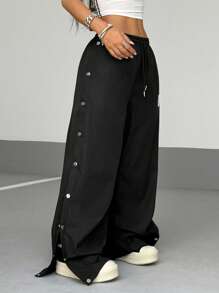 StreetHx Streetwear 女式休闲侧金属扣开衩纯色印花抽绳长裤，春夏 - 黑色 - 查看 5