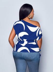 SOLERSUN Women's Plus Size Geometric Printed Asymmetrical Shoulder Drawstring Ruched Side Blouse, Random Print,One Shoulder Top - Navy Blue - View 3