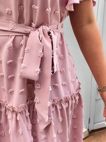 SHEIN Clasi Vestido de punto con volantes en las mangas, cordón y textura para mujer talla grande - Rosa - Ver 7