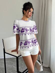 SHEIN LUNE 女士休闲花卉印花圆领短袖夏季衬衫 - 彩色 - 查看 4