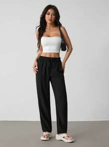 SHEIN PETITE 净色休闲纸袋腰结前裤 - 黑色 - 查看 4