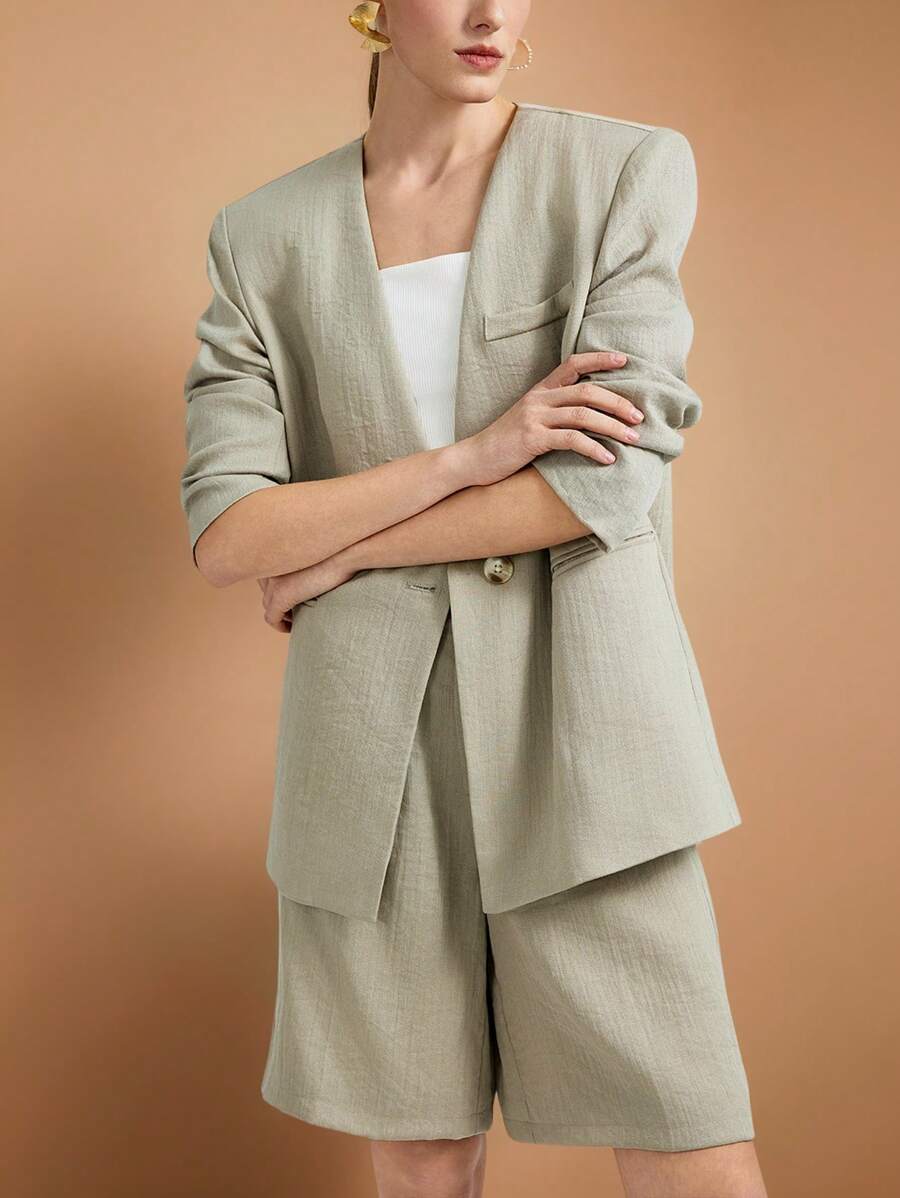 Ontre Plain Button Pocket Thin Long Sleeve Blazer Jacket, Suitable For Daily Commute - Grey - View 1