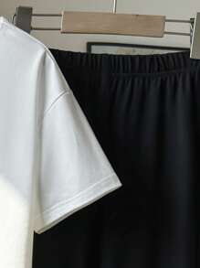 SHEIN 女孩豹纹蝴蝶结和樱桃印花圆领短袖白色 T 恤搭配黑色紧身针织喇叭裤可爱 2 件套夏季 - 白色 - 查看 4