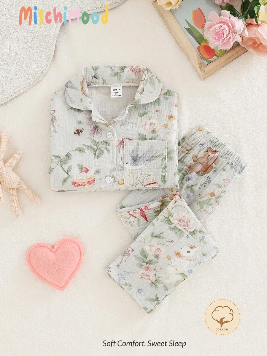 Bộ 2 món/Bộ áo len cardigan dài tay in họa tiết hoa màu xanh bạc hà cho bé gái và quần dài, đồ mặc ở nhà thường ngày - Màu xanh Bạc hà - Xem 1