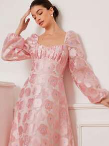 Aveloria Rosie Elegant Rose Jacquard Floral Long Sleeve Ruched Waist Dress With Sheer Details, Romantic Wedding Season, Pink & White Fall Cloth For Women