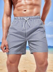 ZELFYO Hombres Shorts de natación de rayas de cintura con cordón - Azul y blanco - Ver 1