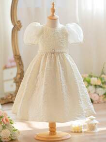Young Girl Ditsy Floral Jacquard Patchwork Puff Sleeve Midi A-Line Dress, With Pearl Belt, Cake Dress, Flower Girl, Cute & Elegant & Sweet & Vintage & Fashionable. Mom And Daughter & Sisters Matching, Family Vacation, Daily School Wear, Home Family Gatherings And Special Occasions, Sibling Outfits, Gorgeous Princess, Party Wear, For Birthdays, Spring/Summer. - Apricot - View 6