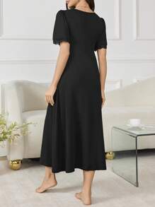 Moonlight & Mama Maternity Deep V-Neck Lace Patchwork Waist Flare Hem Long Nightgown'