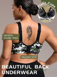 Rhythm Era Plus Size Sports Fixed Cup Bra, Fashionable Camouflage Gathering Cup, Adjustable Shoulder Straps, Hook & Eye Back Closure, Sexy Back