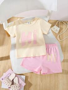 SHEIN Baby Girl 2pcs Letter Print T-Shirt & Casual Pink Shorts Set, Summer - Apricot - View 1