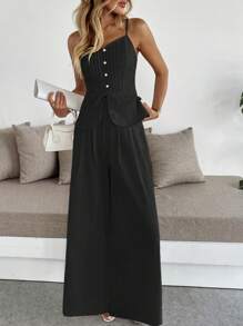 Breezaya Conjunto de 2 peças de camisola slim casual de linho branco e calças de perna larga - Preto - Ver 5