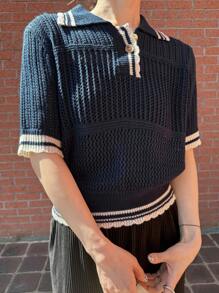 FRIFUL Navy Blue Women's Knit Pullover, Contrasting Trim, Spring/Summer Sundress - Navy Blue - View 6