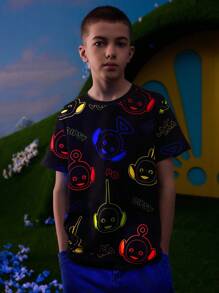 Teletubbies X SHEIN Tween Boy 霓虹卡通图案黑色休闲短袖 T 恤 - 黑色 - 查看 1