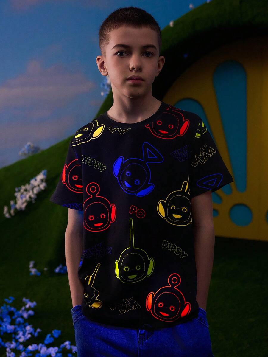 Teletubbies X SHEIN Tween Boy 霓虹卡通图案黑色休闲短袖 T 恤 - 黑色 - 查看 1