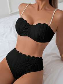 Women's Summer Beach Faux Pearl Decorated Shoulder Strap Sexy Bikini Set
