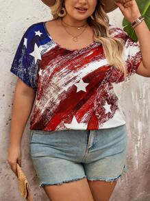 SHEIN CURVE+ Áo thun tay cánh dơi in hình cỡ lớn dành cho nữ, Áo thun in hình cờ, Kỳ nghỉ Boho, Ngày 4 tháng 7, Trang phục đi biển cho kỳ nghỉ ở nông thôn - Nhiều màu - Xem 5