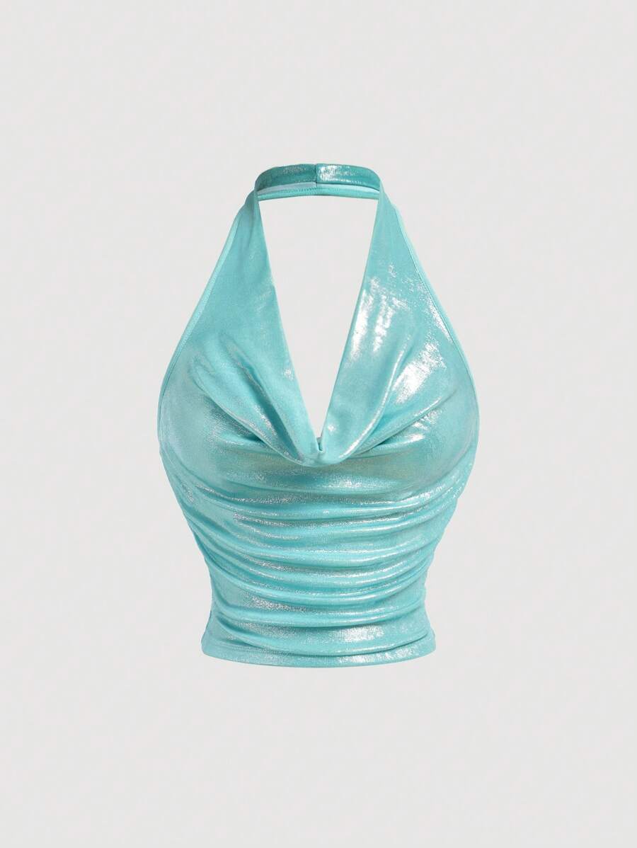 SHEIN MOD 女士优雅浪漫荷叶边领衬衫，金色 - 适合派对和庆典派对女士连衣裙吊带背心上衣 - 薄荷藍 - 查看 1