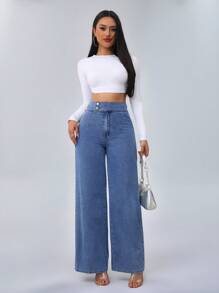 SHEIN Tall Women's Jeans High Waist Casual Loose Wide Leg Trousers Blue Style Straight Pants - Medium Wash - View 6