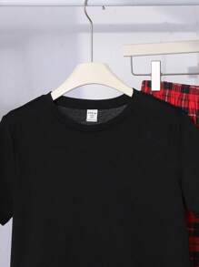 SHEIN Tween Boys Casual Minimalist Round Neck Short Sleeve T-Shirt + Plaid Loose Pajama Pants 2 Pieces Sleepwear Set - Black - View 3