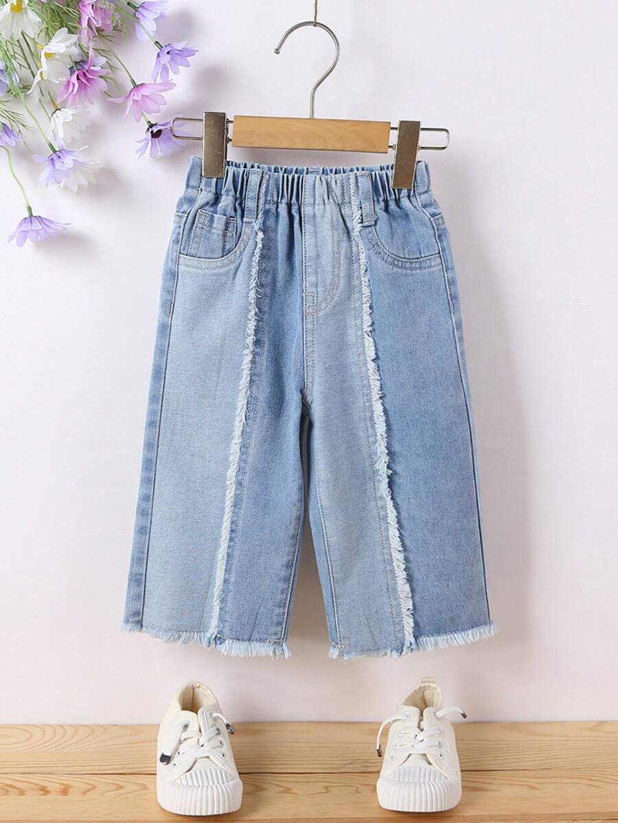 Baby Girls Contrast Y2K Street Urban Elastic Waist Wide Legs Jeans With Flat Pockets, Girls Daily OOTD Outfits - Light Wash - View 1