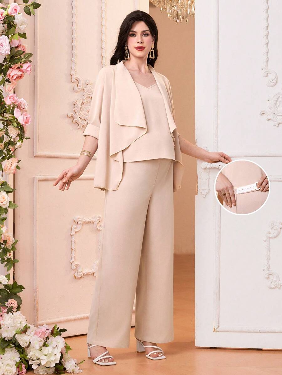 SHEIN 3pcs Maternity Solid Color Knitted Cardigan + Camisole + Loose Casual Pants Set - Khaki - View 1