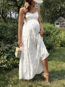 SHEIN Cute & Elegant Maternity Dress With Heart Lacing Backless Straps - Red and White - View 3