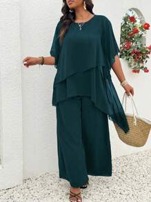 EMERY ROSE 大码雪纺不对称交叉荷叶边喇叭袖上衣 + 多层雪纺阔腿裤休闲两件套，适合工作和度假 - 墨綠色 - 查看 3