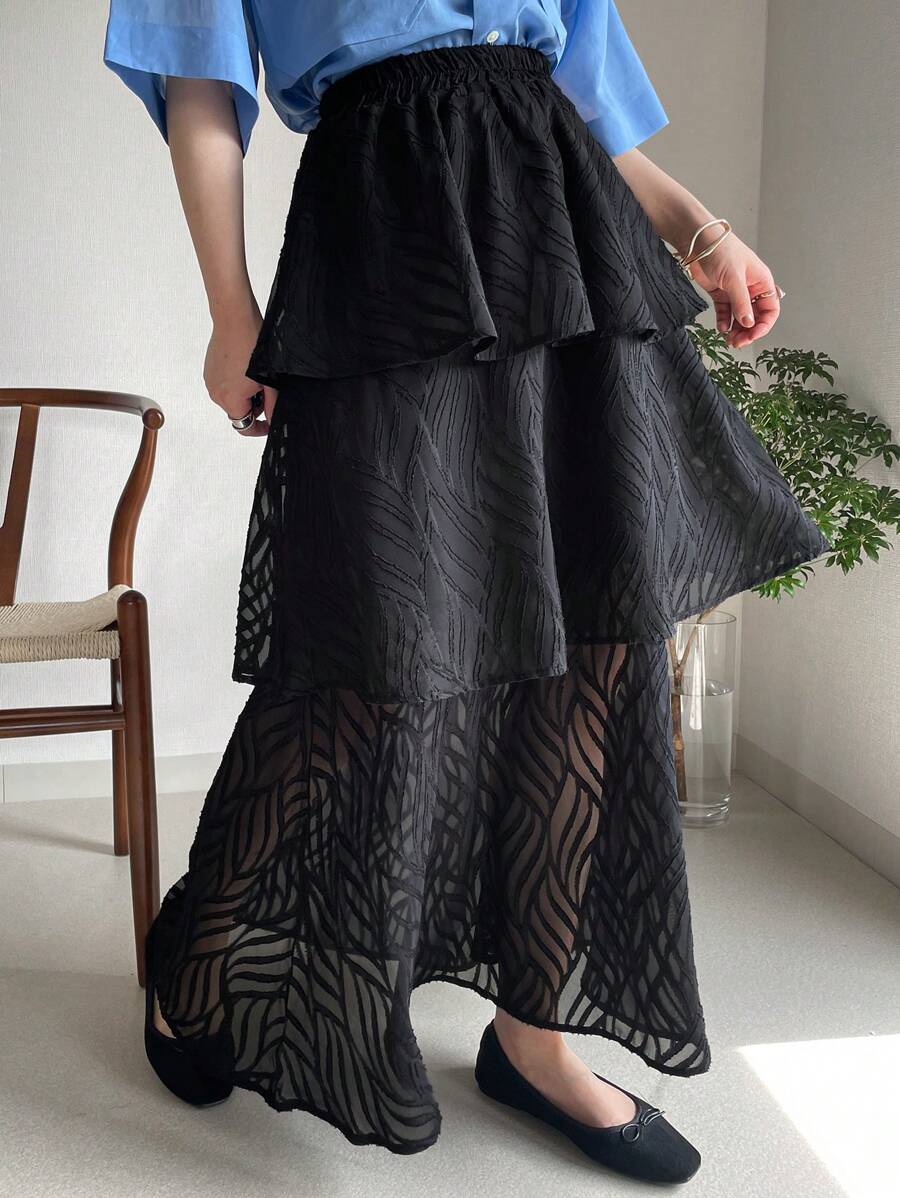 FRIFUL Women's Black A-Line Multi-Layer Ruffle Skirt, Concert Skirt - Black - View 1