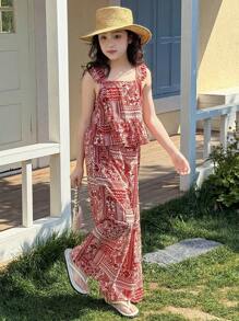 Dazy Kids 2pcs/Set Tween Girl Ditsy Floral Sleeveless Top And Long Pants Set, Summer,Back To School Clothes Vacation Easter - Red - View 3