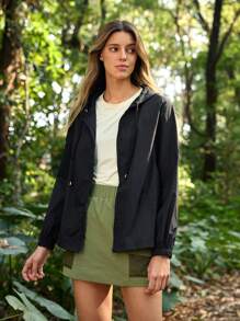 In My Nature Women Solid Color Long Sleeve Zipper Collar Drawstring Hooded Sun Protection Jacket Hiking Women Clothes - Black - View 1