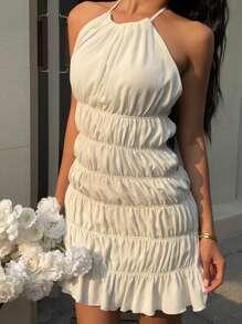 SHEIN EZwear Women's Romantic Date Mini Dress With Open Back Halter Neck Pleated Texture For Spring Summer Vacation Business Casual Women's Birthday Dress Women's Cocktail Dress