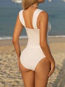 Swim Mod 2pcs/Set Women Summer Beach Jacquard Textured Fabric Swimwear Set - White - View 5