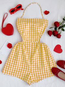 Comfortcana Women's Boho Yellow Gingham Strapless Sleeveless Short Jumpsuit With Knot Detail And Cut-Out Sides - Yellow - View 1