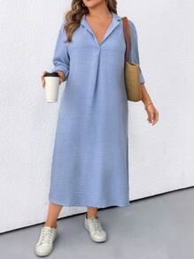 SHEIN LUNE Plus Size Solid Color Long Sleeve Dress, Fashionable For Summer - Dusty Blue - View 6